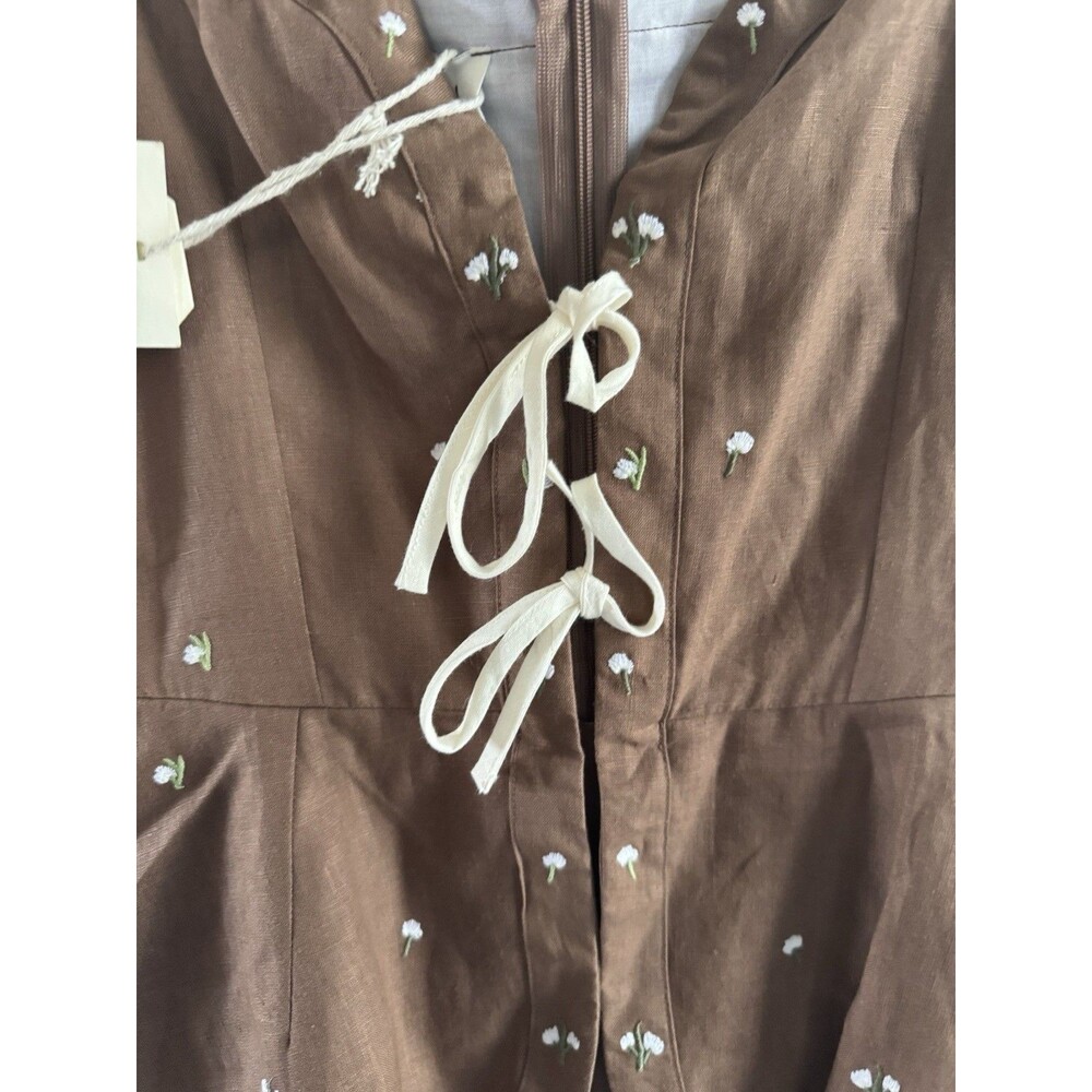 Fanm Mon Women's Brown  Linen Floral Embroidered Dress Size XS Nwt $388 - Picture 8 of 13